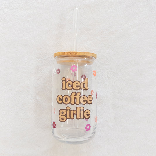 Iced Coffee Girlie Glass Cup, Beer Can Glass with Lid & Straw, 16oz Glass Tumbler, Custom Tumbler