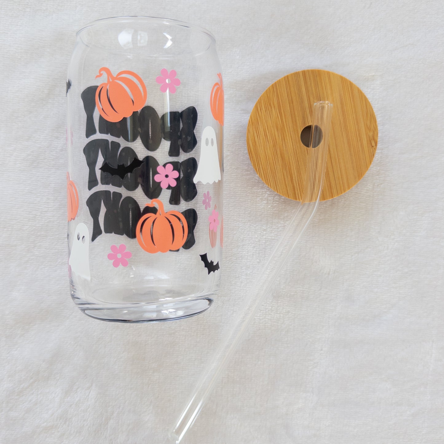 Halloween Spooky Ghost Bats Pumpkins Flowers Glass Cup, Beer Can Glass with Lid & Straw, 16oz Glass Tumbler, Custom Tumbler