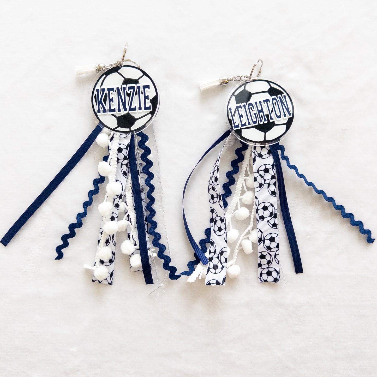 Personalized Soccer Name Keychain with ribbon for Backpacks, Sports Bags, Luggage