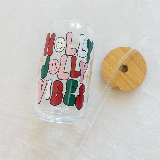 Christmas Holly Jolly Vibes Glass Cup, Beer Can Glass with Lid & Straw, 16oz Glass Tumbler, Custom Tumbler