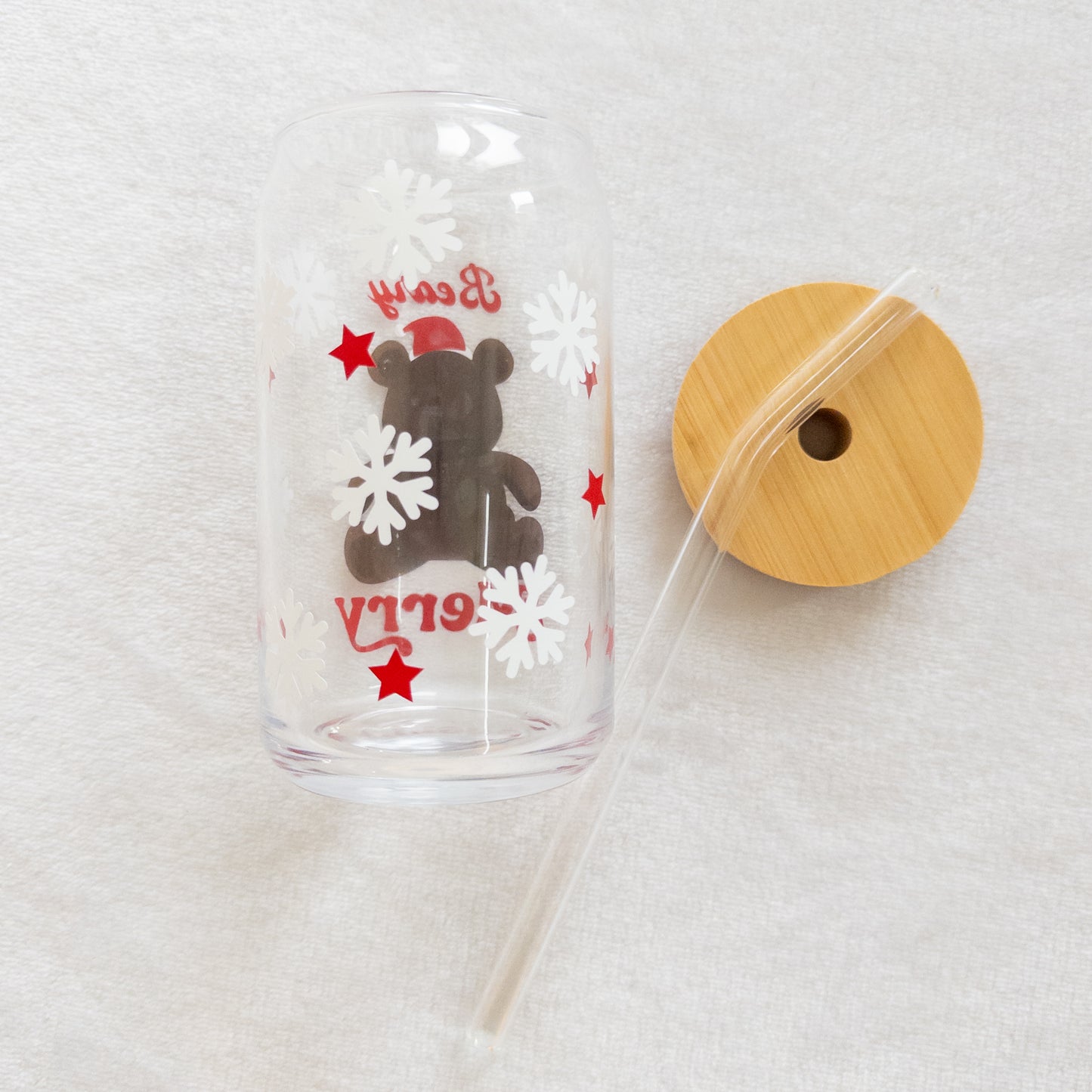 Christmas Beary Merry Glass Cup, Beer Can Glass with Lid & Straw, 16oz Glass Tumbler, Custom Tumbler