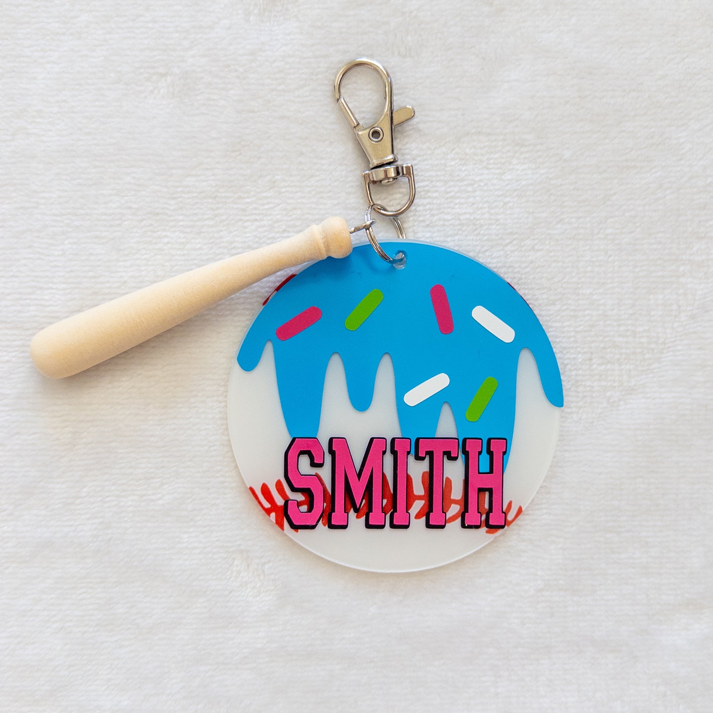 Personalized Ice Cream Drip Baseball Name Keychain for Backpacks, Sports Bags, Luggage