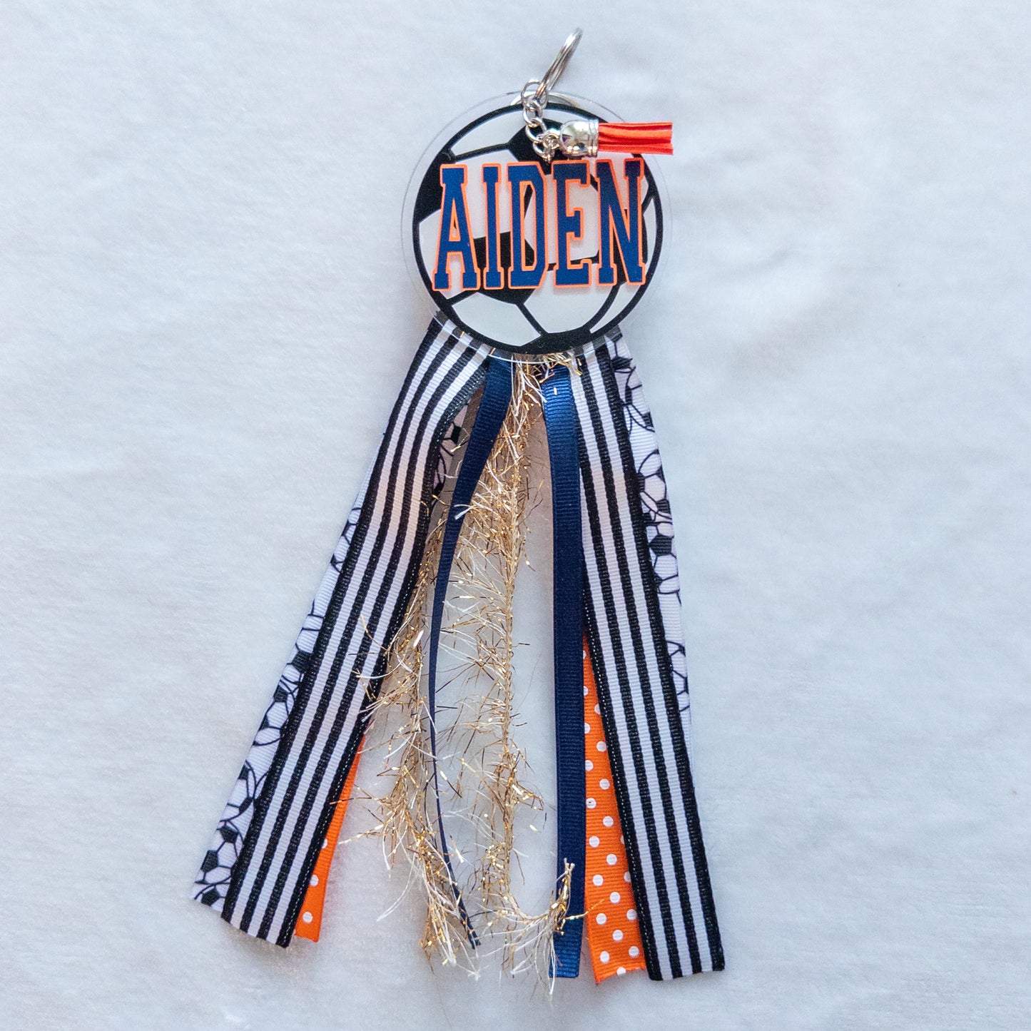 Personalized Soccer Name Keychain with ribbon for Backpacks, Sports Bags, Luggage