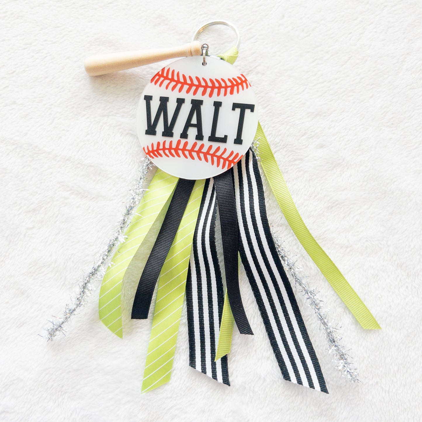 Personalized baseball Name Keychain with ribbon for Backpacks, Sports Bags, Luggage