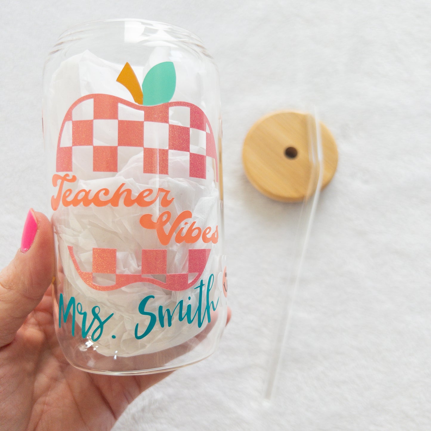 Teacher Vibes Glass Cup, Beer Can Glass with Lid & Straw, 16oz Glass Tumbler, Custom Tumbler