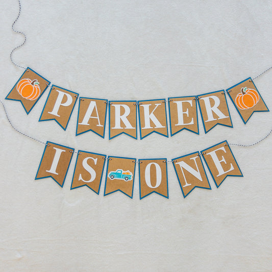 Pumpkin Blue Truck First Birthday Banner