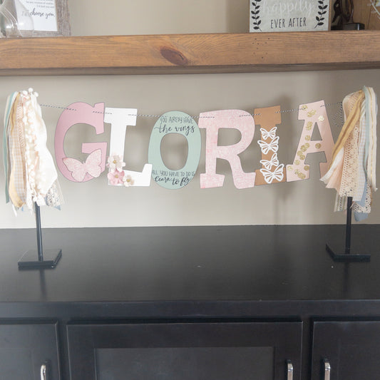 Green Pink Gold Butterfly Custom Name Banner