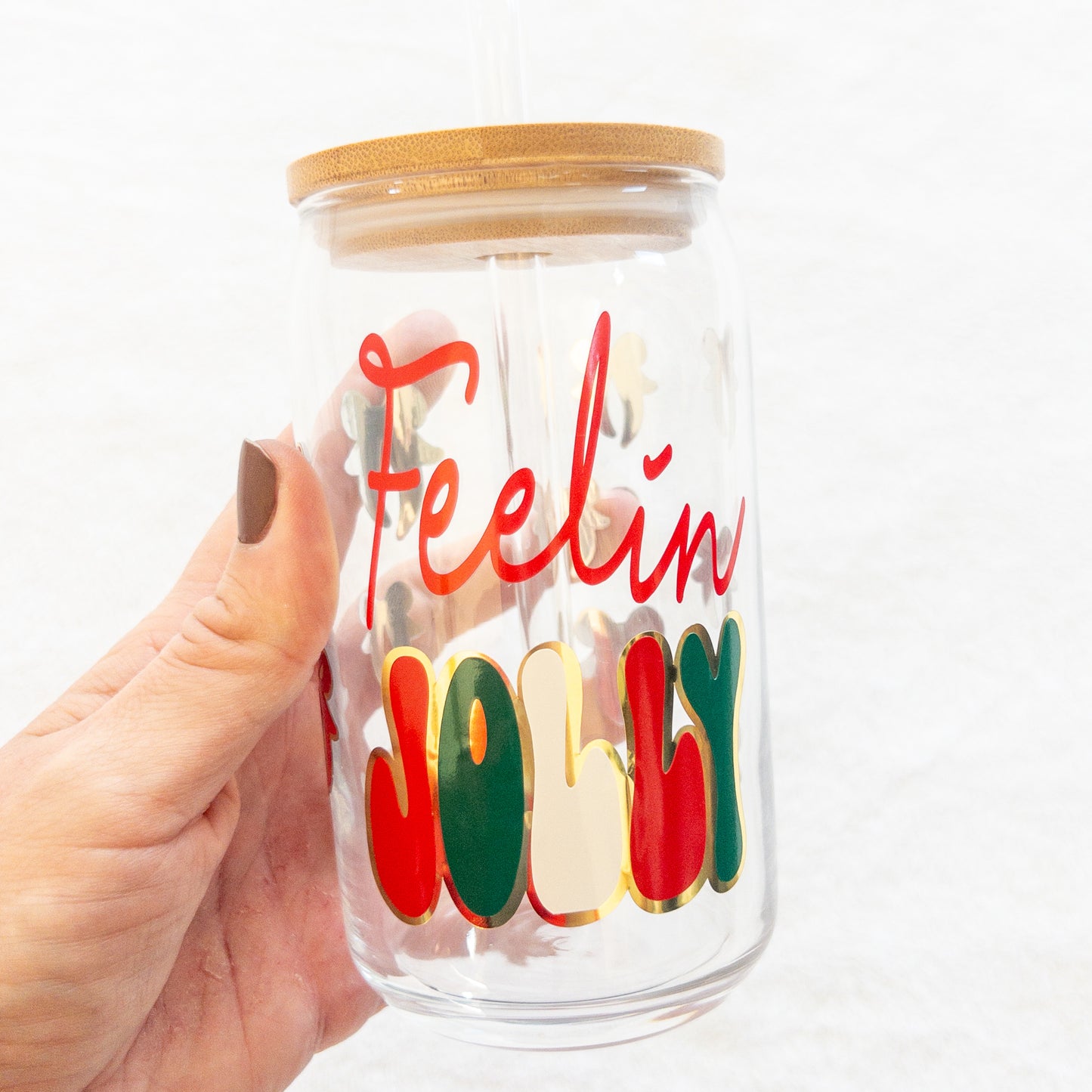 Feelin Jolly Christmas Glass Cup, Beer Can Glass with Lid & Straw, 16oz Glass Tumbler, Custom Tumbler