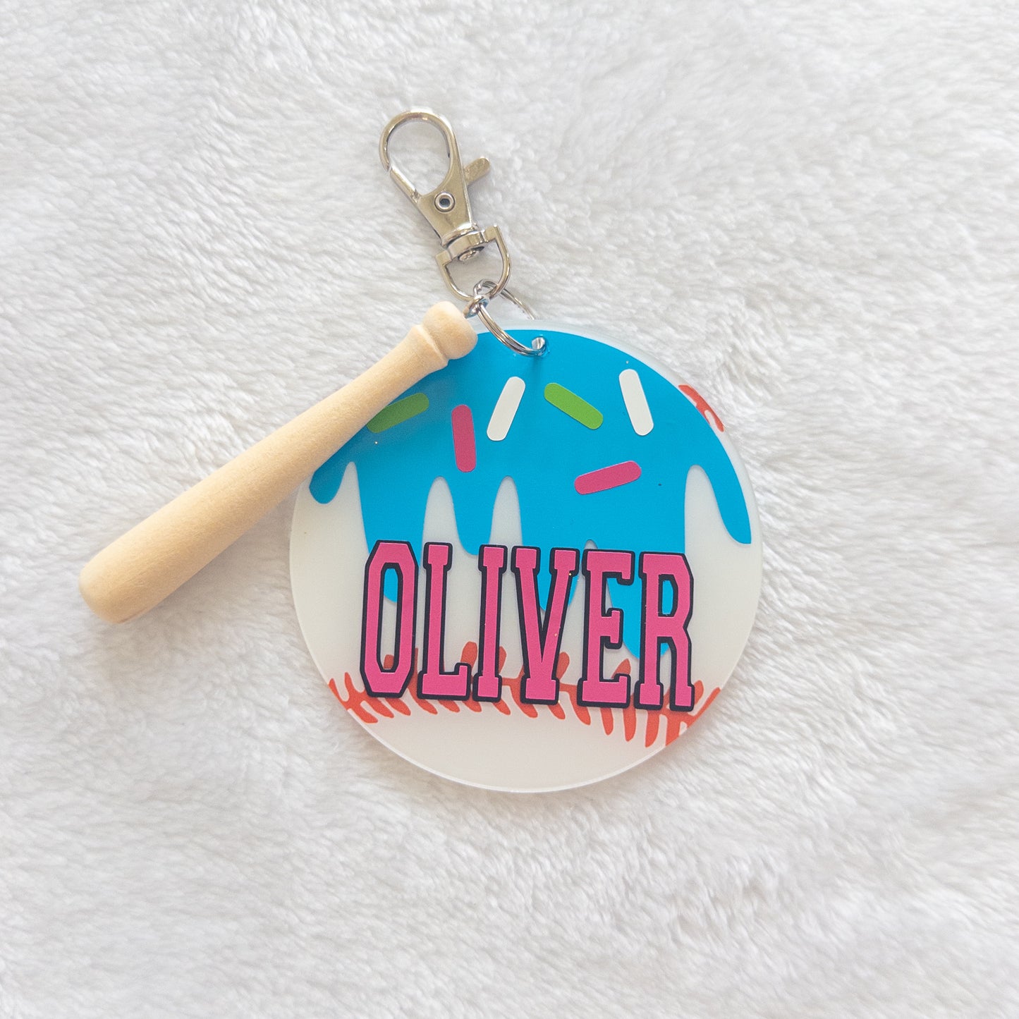 Personalized Ice Cream Drip Baseball Name Keychain for Backpacks, Sports Bags, Luggage