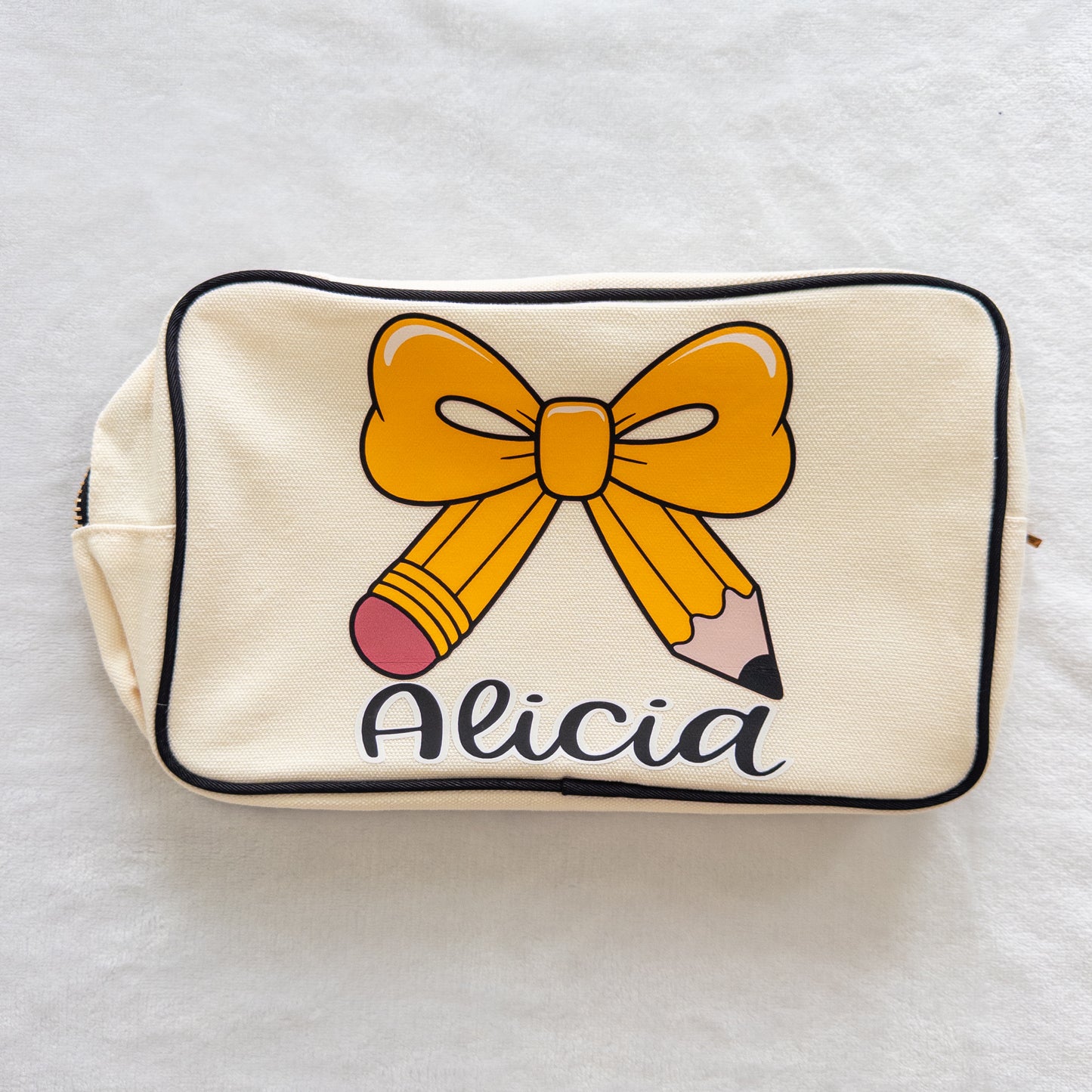 Personalized Teacher Zippered Canvas Bag with Pencil Bow