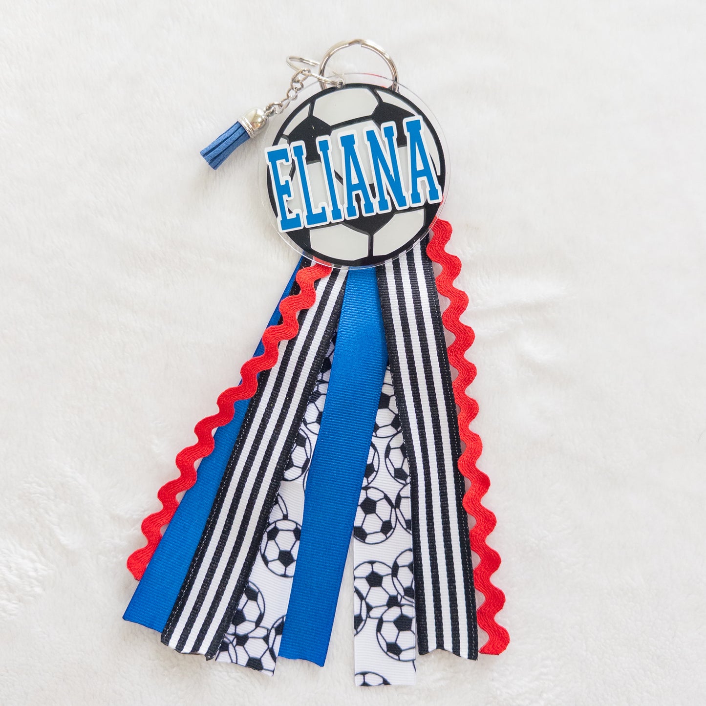 Personalized Soccer Name Keychain with ribbon for Backpacks, Sports Bags, Luggage