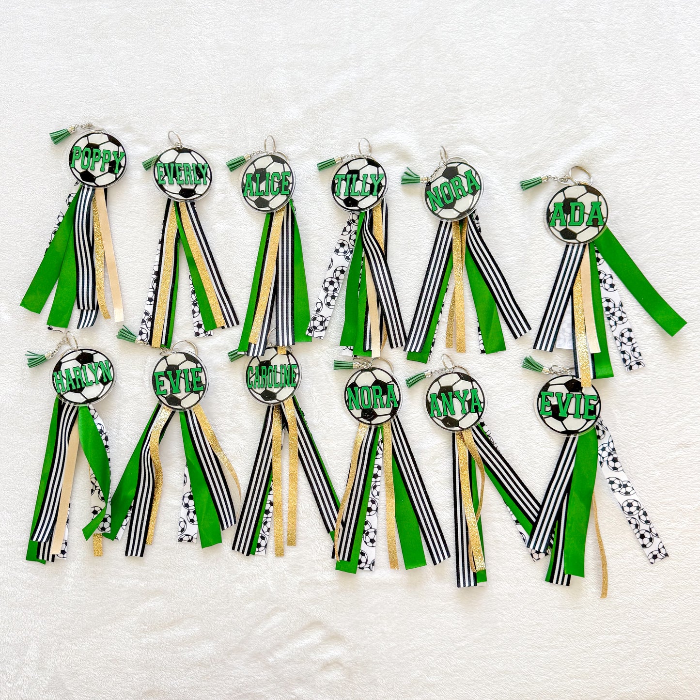 Personalized Soccer Name Keychain with ribbon for Backpacks, Sports Bags, Luggage