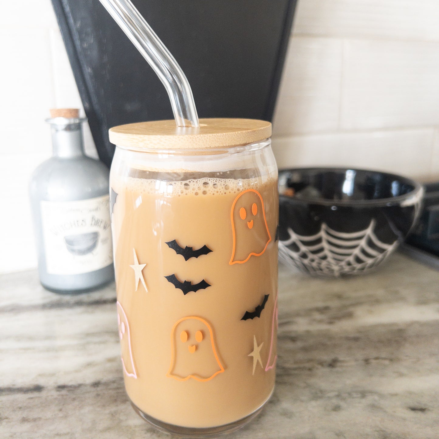 Halloween Ghost Bats Glass Cup, Beer Can Glass with Lid & Straw, 16oz Glass Tumbler, Custom Tumbler