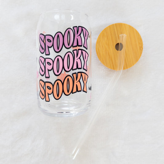 Halloween Spooky Ghost Bats Pumpkins Flowers Glass Cup, Beer Can Glass with Lid & Straw, 16oz Glass Tumbler, Custom Tumbler