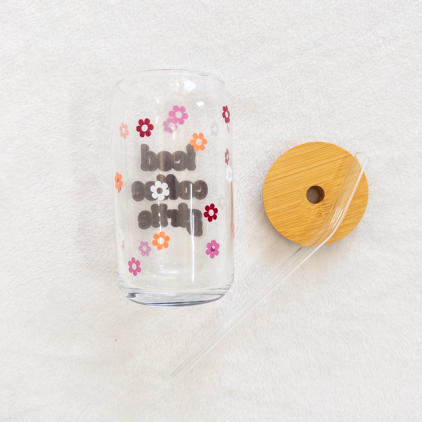 Iced Coffee Girlie Glass Cup, Beer Can Glass with Lid & Straw, 16oz Glass Tumbler, Custom Tumbler