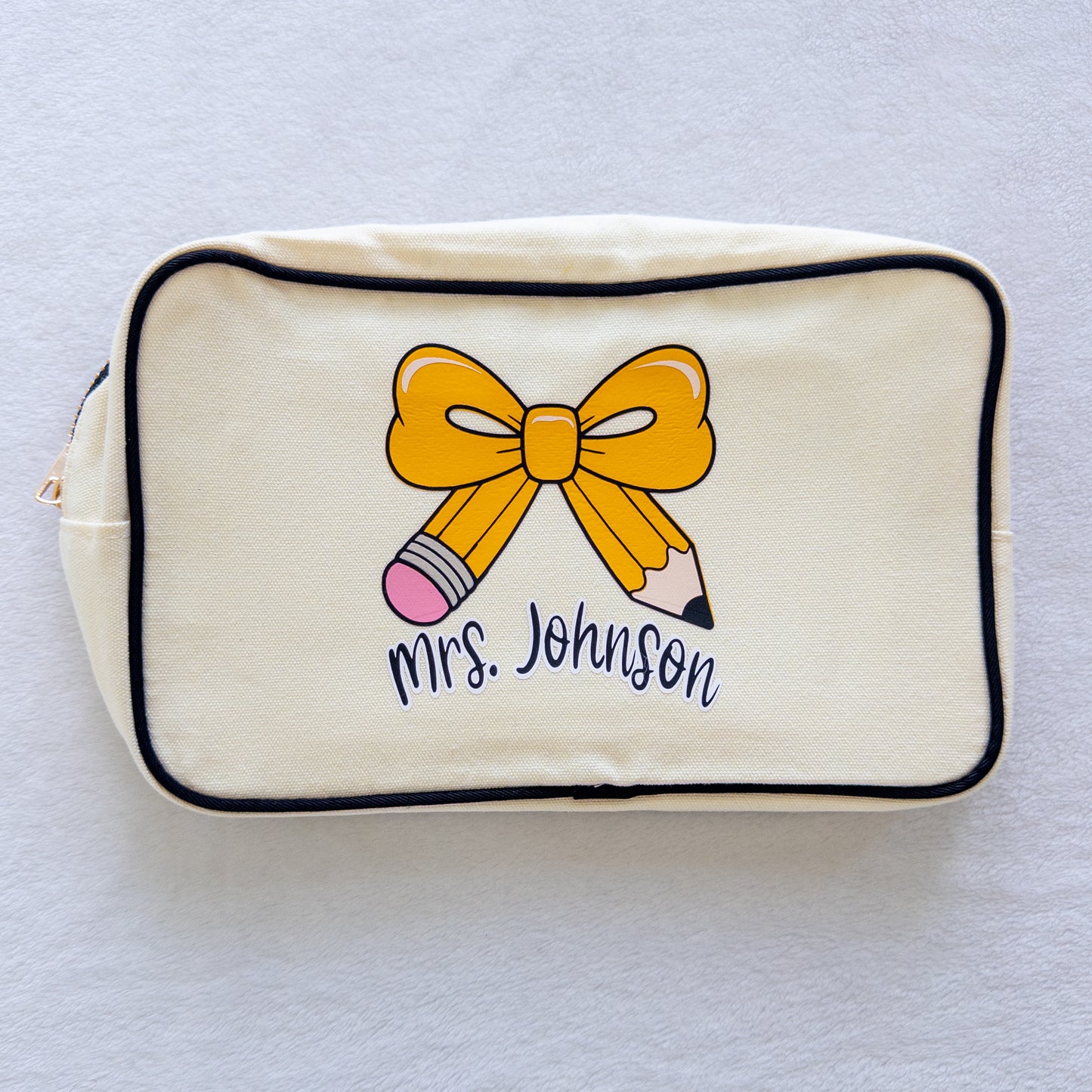 Personalized Teacher Zippered Canvas Bag with Pencil Bow