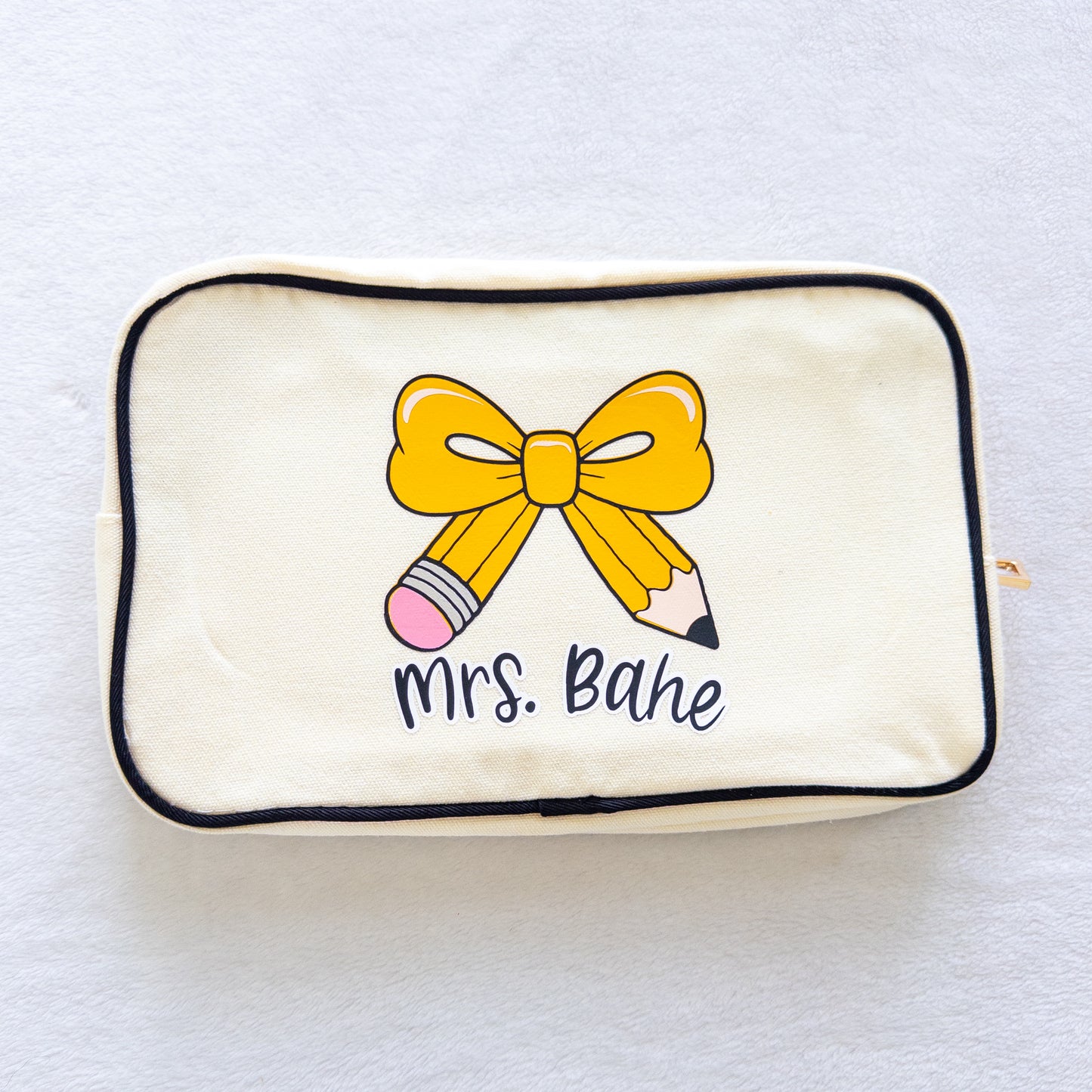 Personalized Teacher Zippered Canvas Bag with Pencil Bow