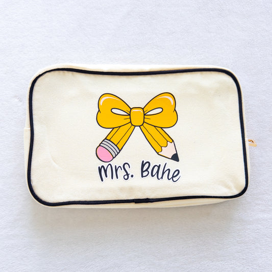 Personalized Teacher Zippered Canvas Bag with Pencil Bow