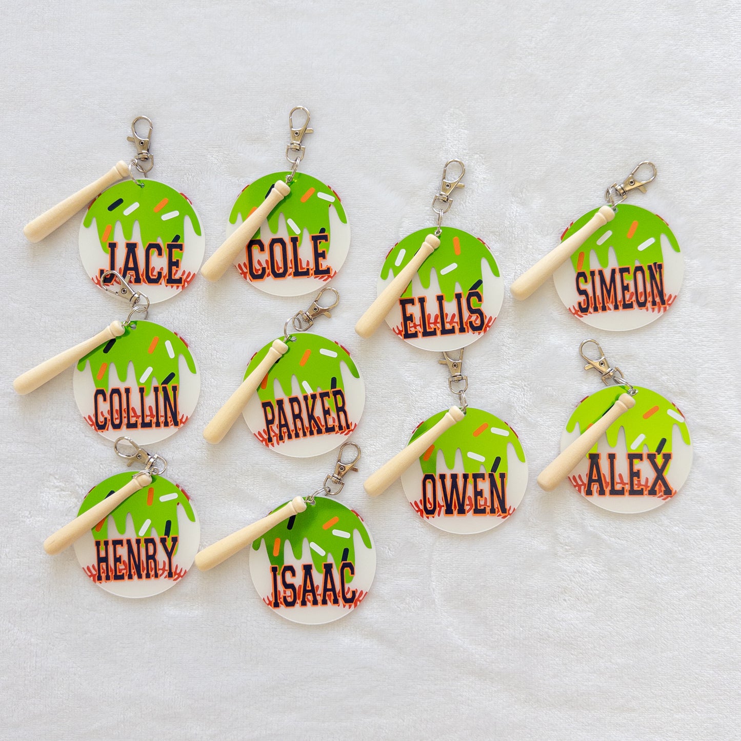 Personalized Ice Cream Drip Baseball Name Keychain for Backpacks, Sports Bags, Luggage