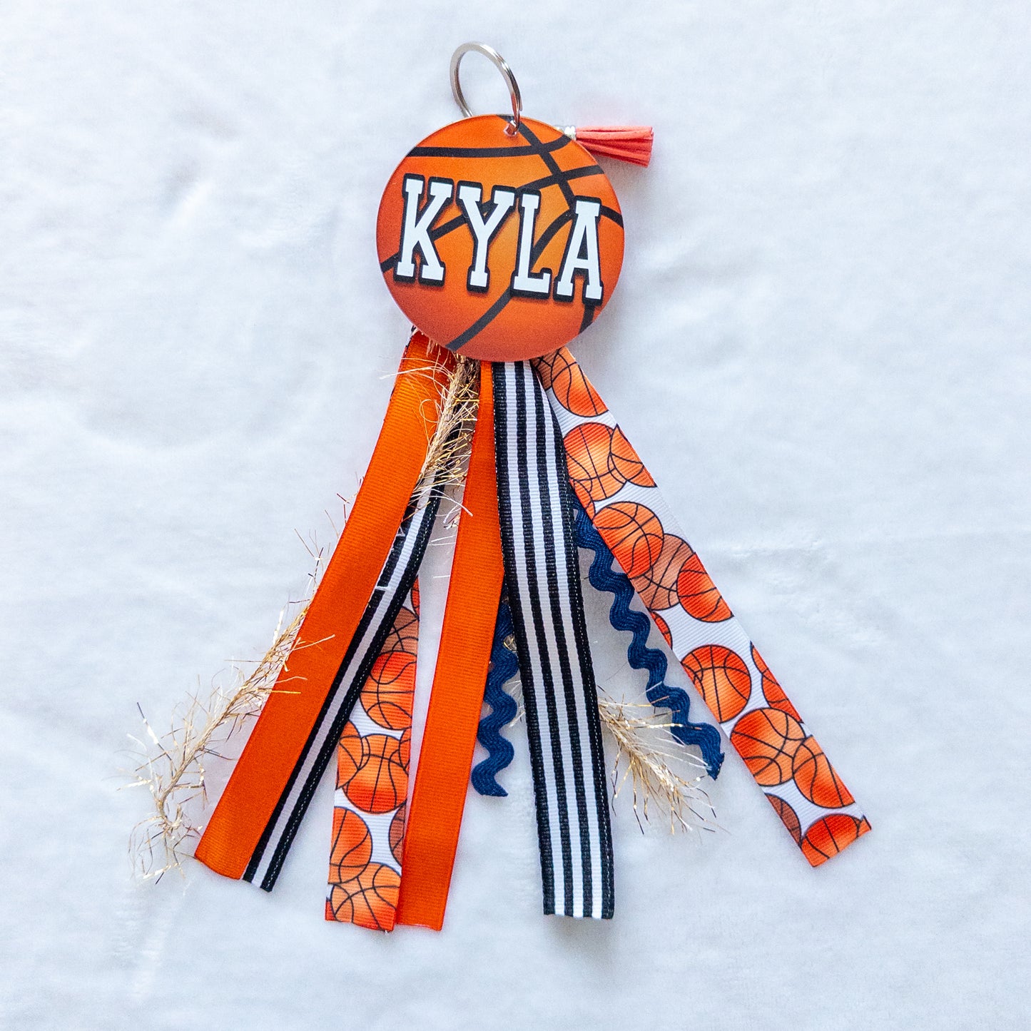 Personalized Basketball Name Keychain with ribbon for Backpacks, Sports Bags, Luggage
