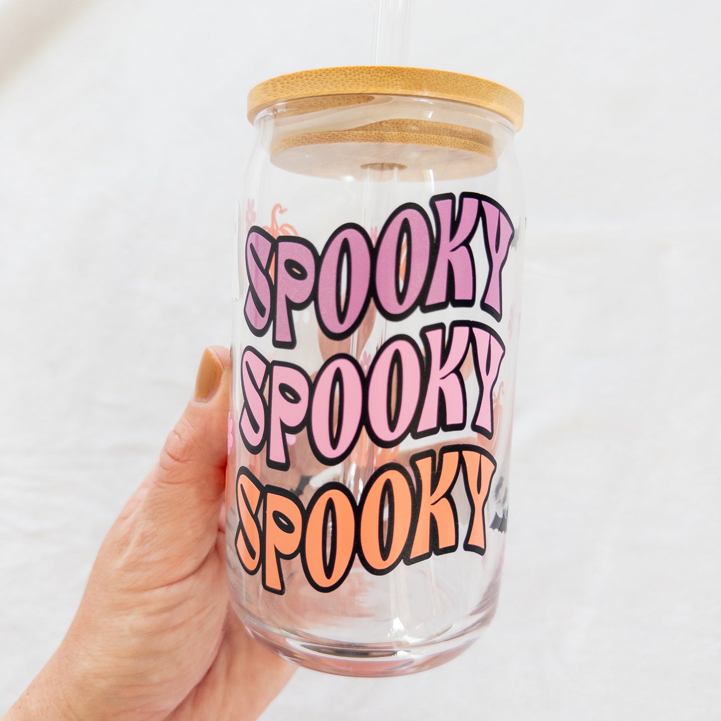 Halloween Spooky Ghost Bats Pumpkins Flowers Glass Cup, Beer Can Glass with Lid & Straw, 16oz Glass Tumbler, Custom Tumbler