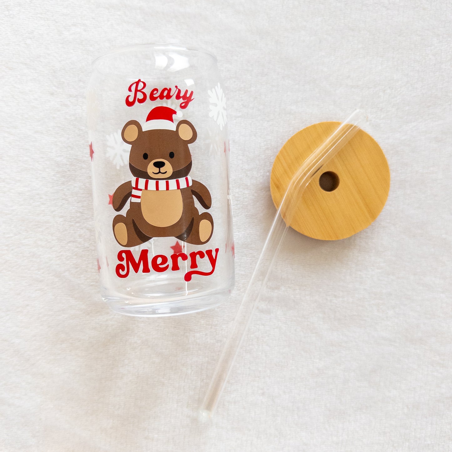 Christmas Beary Merry Glass Cup, Beer Can Glass with Lid & Straw, 16oz Glass Tumbler, Custom Tumbler