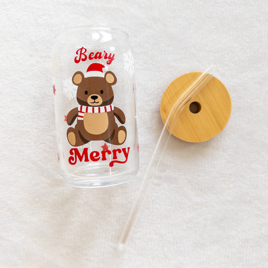 Christmas Beary Merry Glass Cup, Beer Can Glass with Lid & Straw, 16oz Glass Tumbler, Custom Tumbler