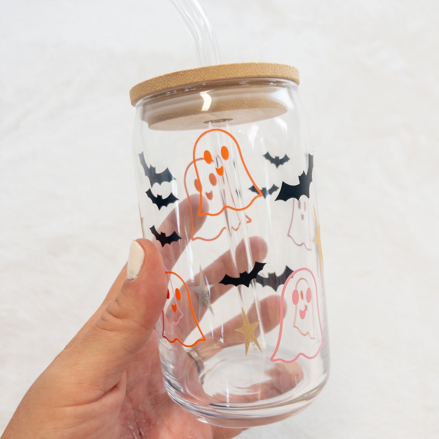 Halloween Ghost Bats Glass Cup, Beer Can Glass with Lid & Straw, 16oz Glass Tumbler, Custom Tumbler