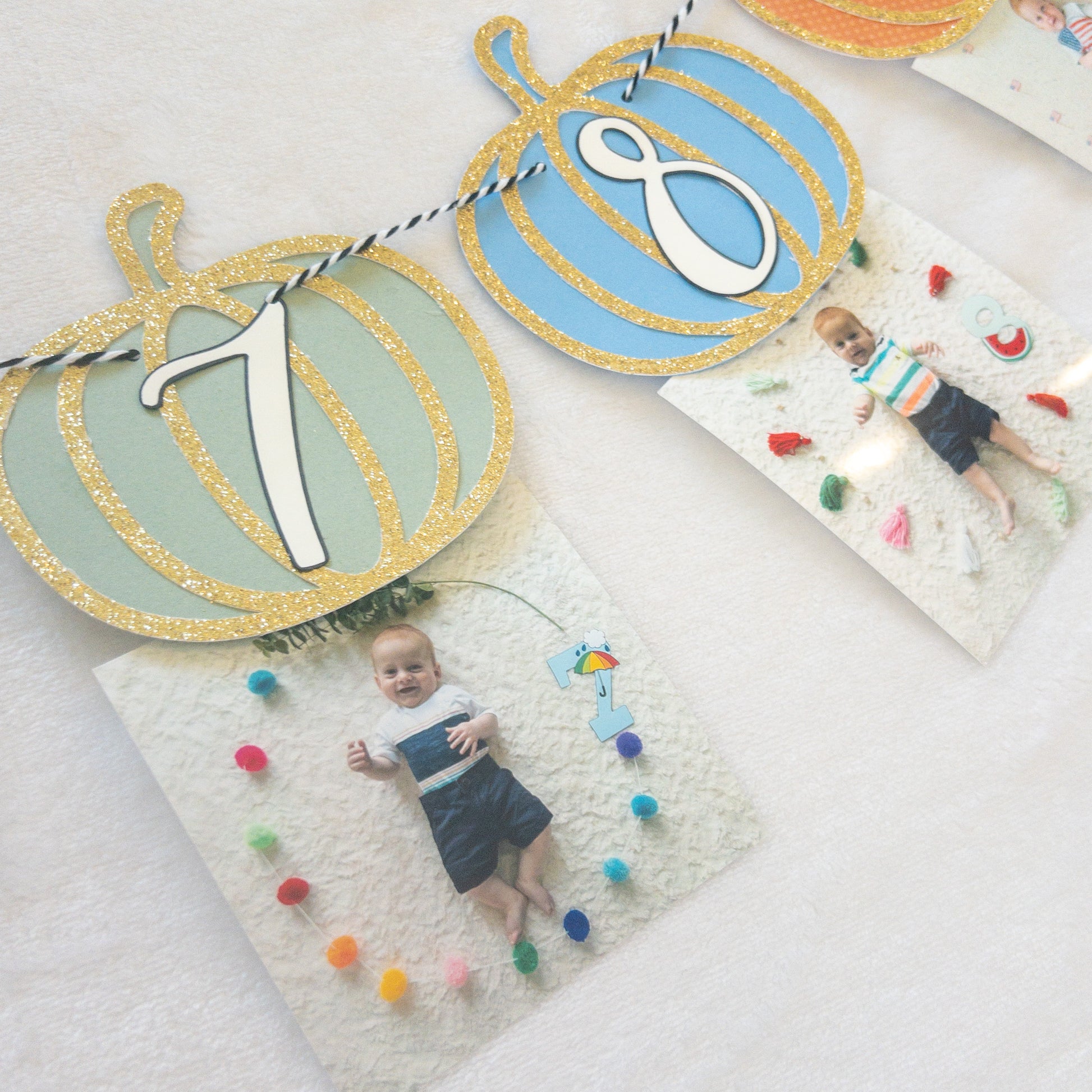  Pumpkin-Themed First Birthday Milestone Photo Custom Banner with various monthly markers and pumpkin designs.