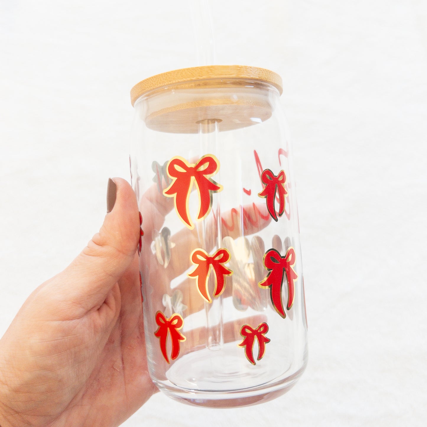 Feelin Jolly Christmas Glass Cup, Beer Can Glass with Lid & Straw, 16oz Glass Tumbler, Custom Tumbler