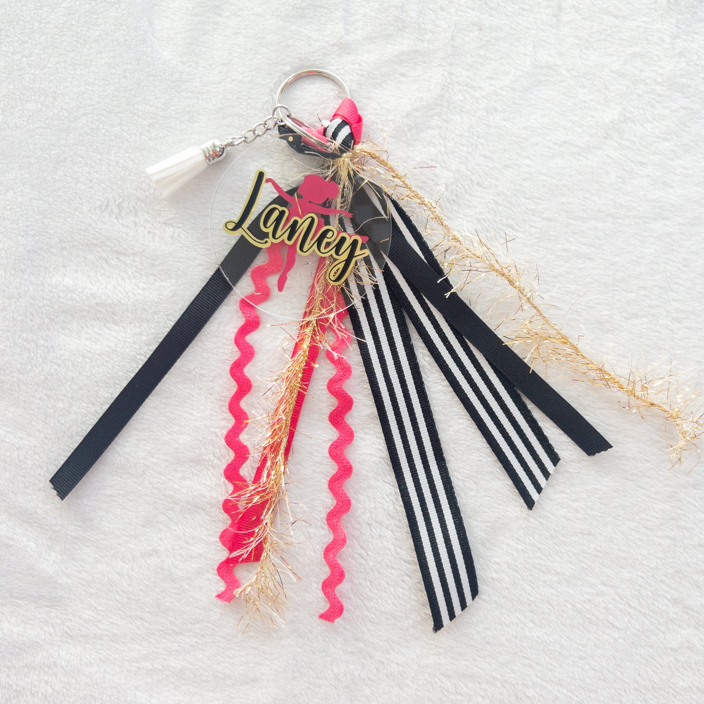 Personalized Ballerina Name Keychain with ribbon for Backpacks, Sports Bags, Luggage