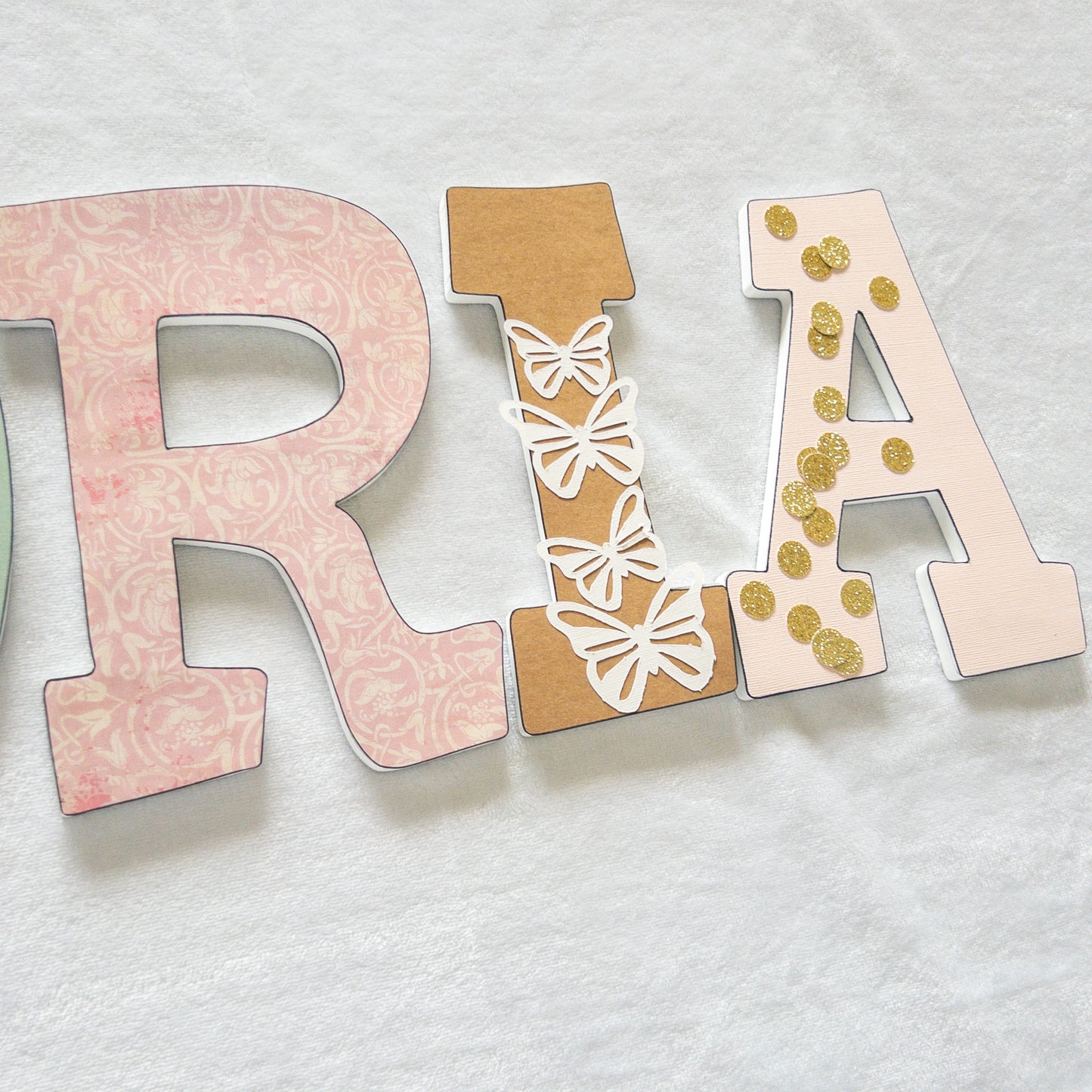 Green Pink and Gold Butterfly Custom Wood Letters