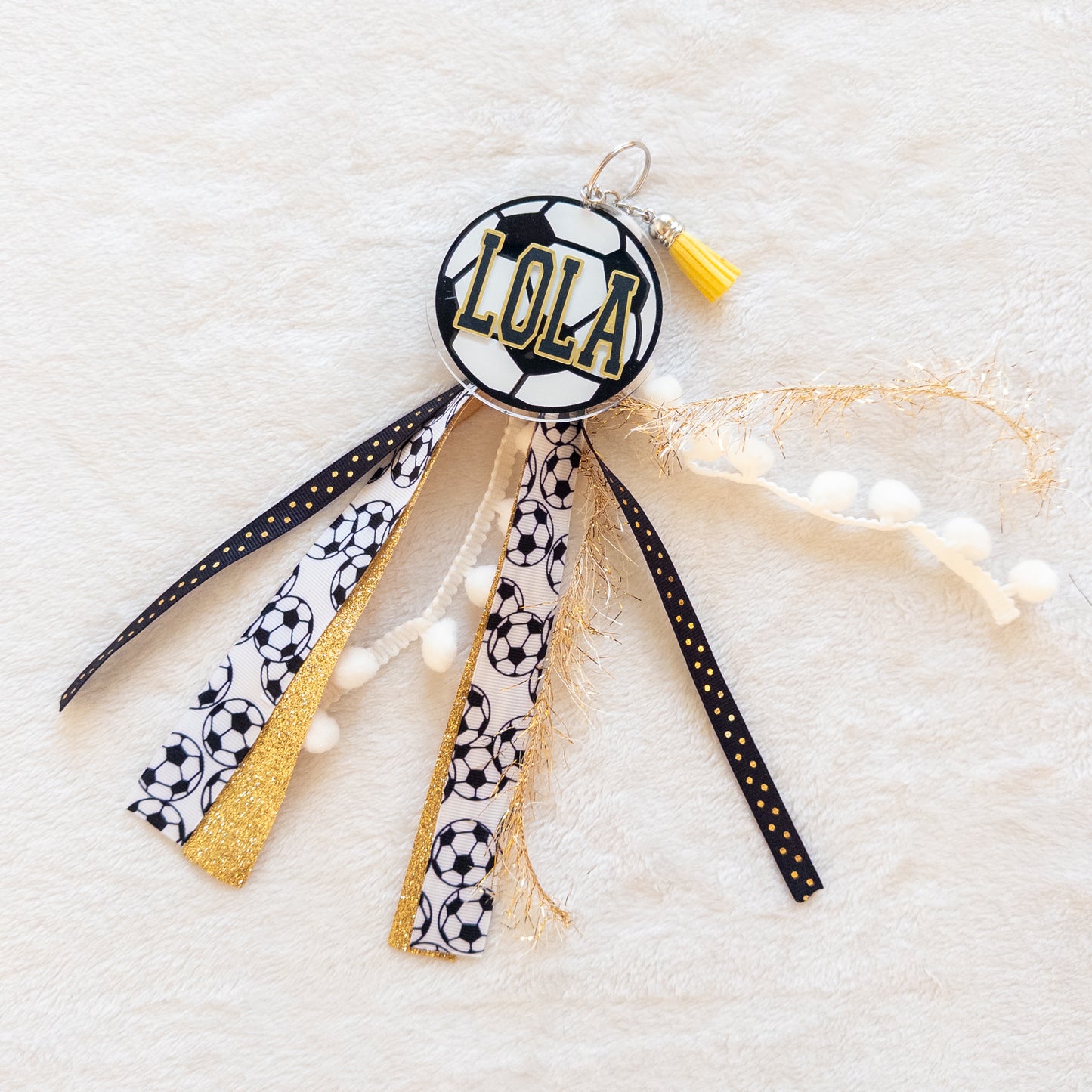 Personalized Soccer Name Keychain with ribbon for Backpacks, Sports Bags, Luggage