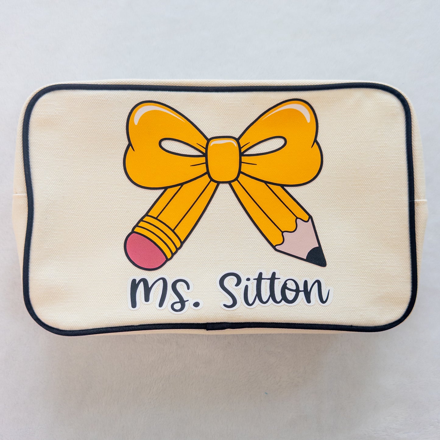 Personalized Teacher Zippered Canvas Bag with Pencil Bow