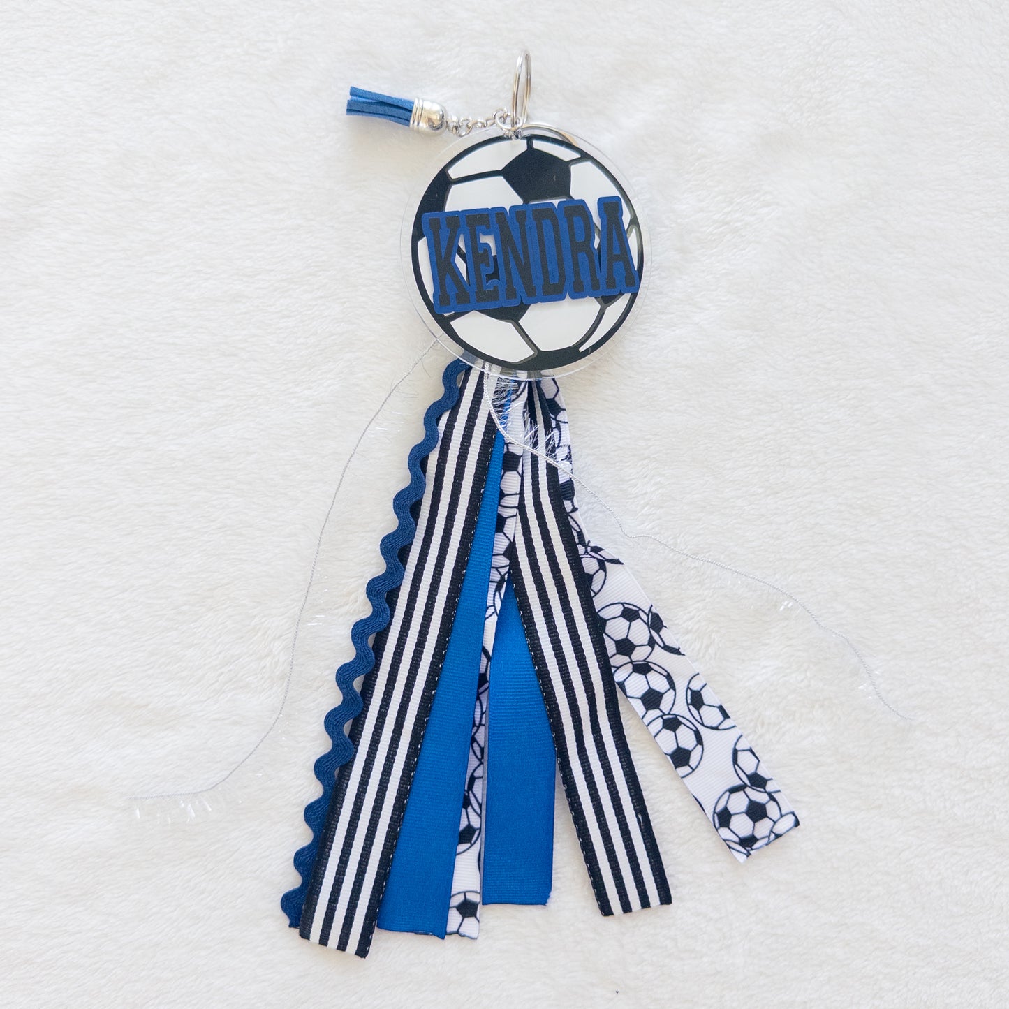 Personalized Soccer Name Keychain with ribbon for Backpacks, Sports Bags, Luggage