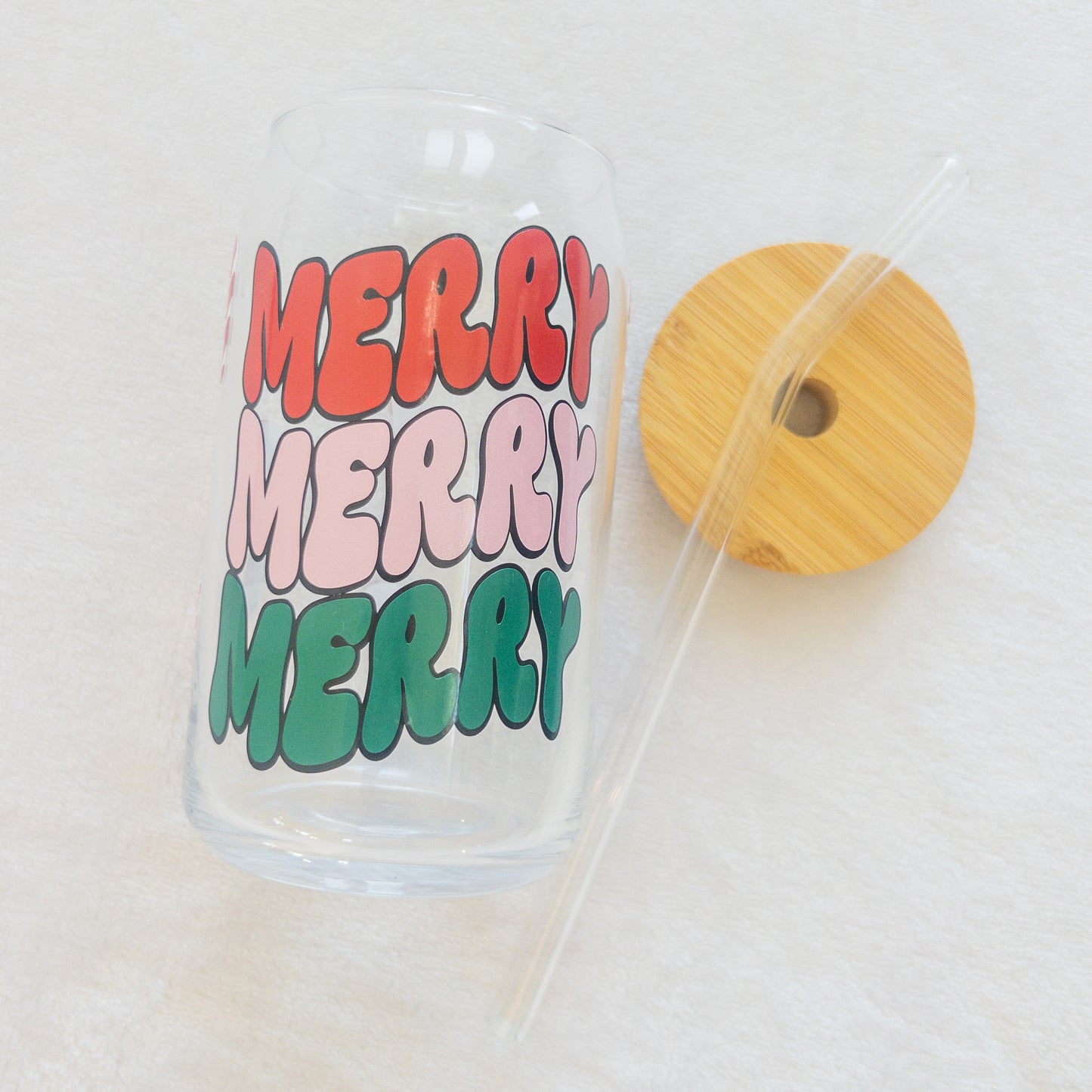 Christmas Merry Glass Cup, Beer Can Glass with Lid & Straw, 16oz Glass Tumbler, Custom Tumbler