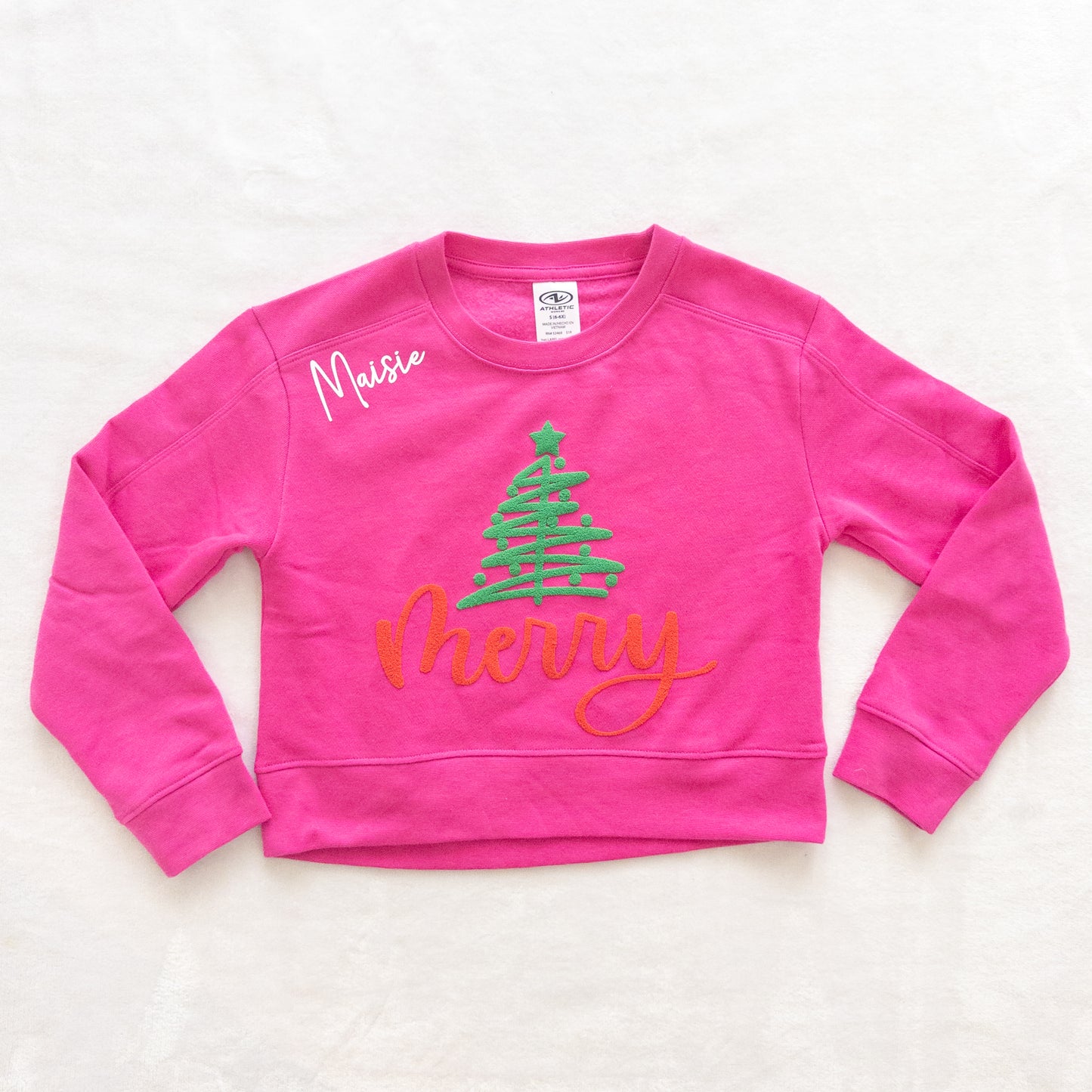 Personalized Christmas Sweatshirt – Pink “Merry” Tree Design