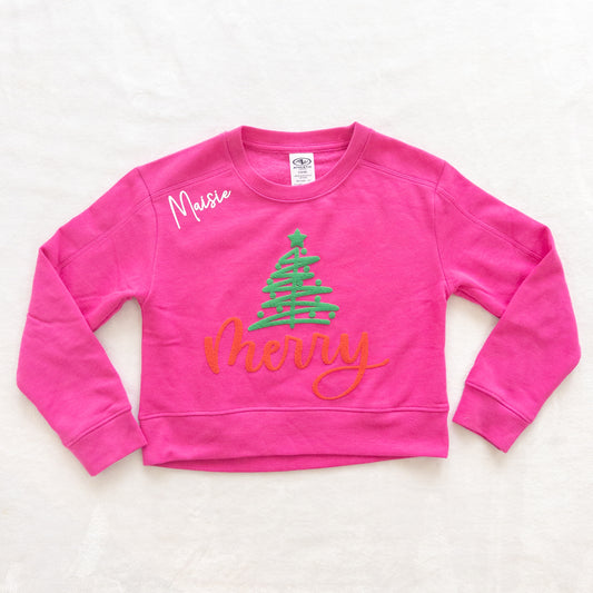 Personalized Christmas Sweatshirt – Pink “Merry” Tree Design