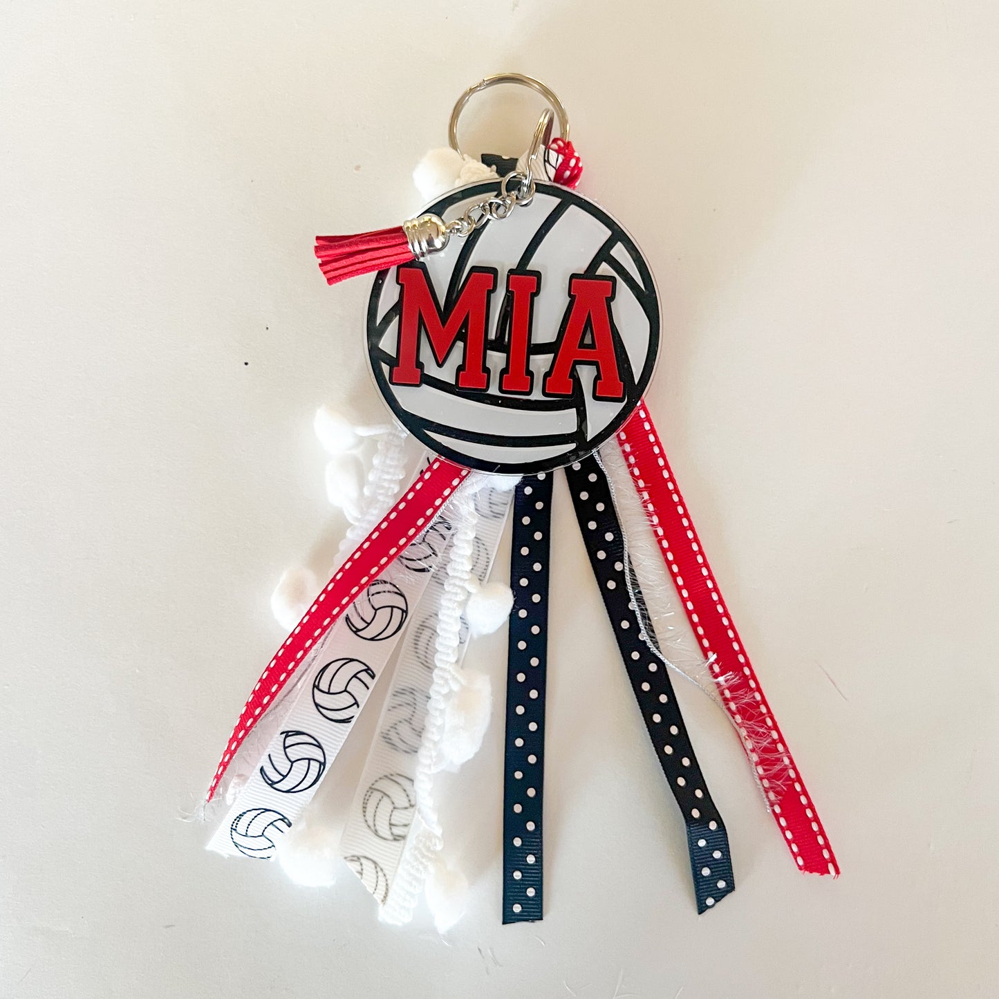 Personalized Volleyball Name Keychain with ribbon for Backpacks, Sports Bags, Luggage