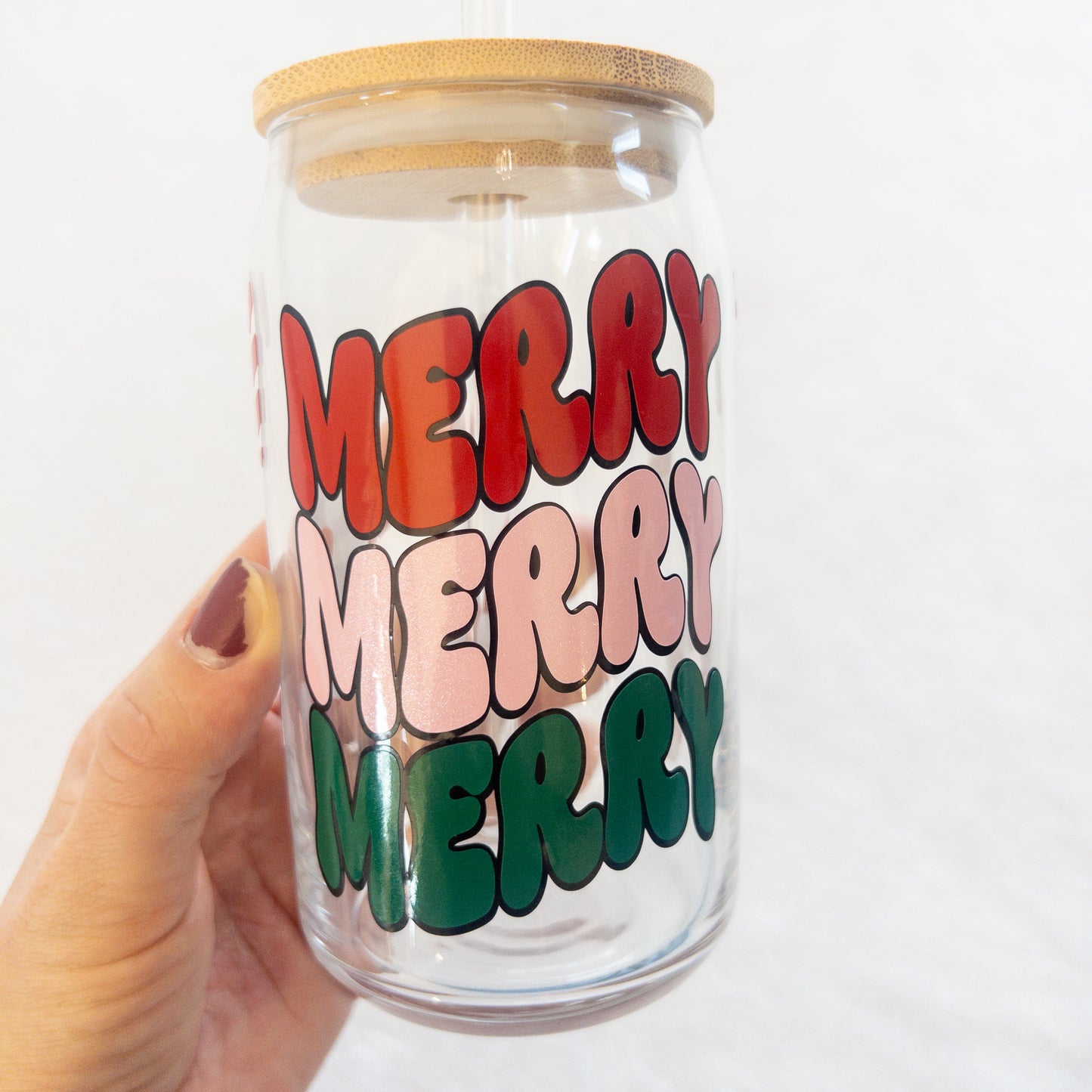 Christmas Merry Glass Cup, Beer Can Glass with Lid & Straw, 16oz Glass Tumbler, Custom Tumbler