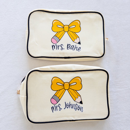 Personalized Teacher Zippered Canvas Bag with Pencil Bow