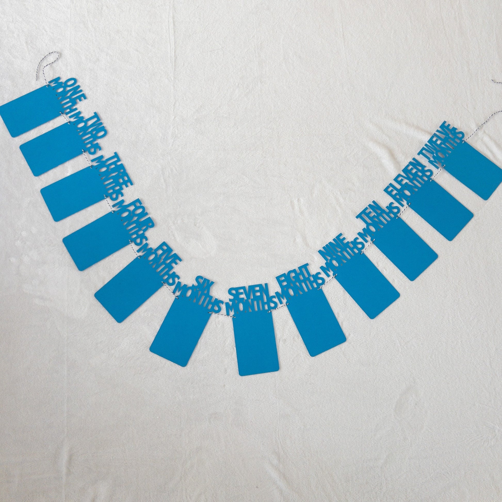 A colorful banner made of paper in blue, each with a photo clip attached to it, strung together with a string.