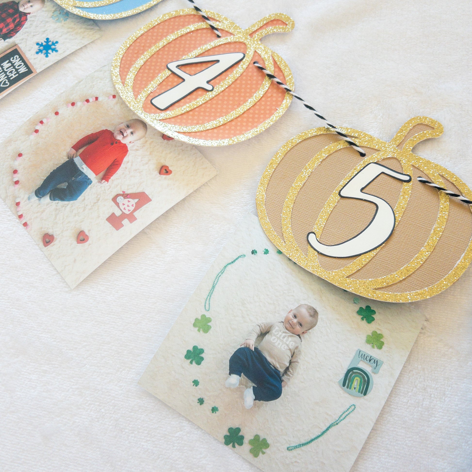  Pumpkin-Themed First Birthday Milestone Photo Custom Banner with various monthly markers and pumpkin designs.