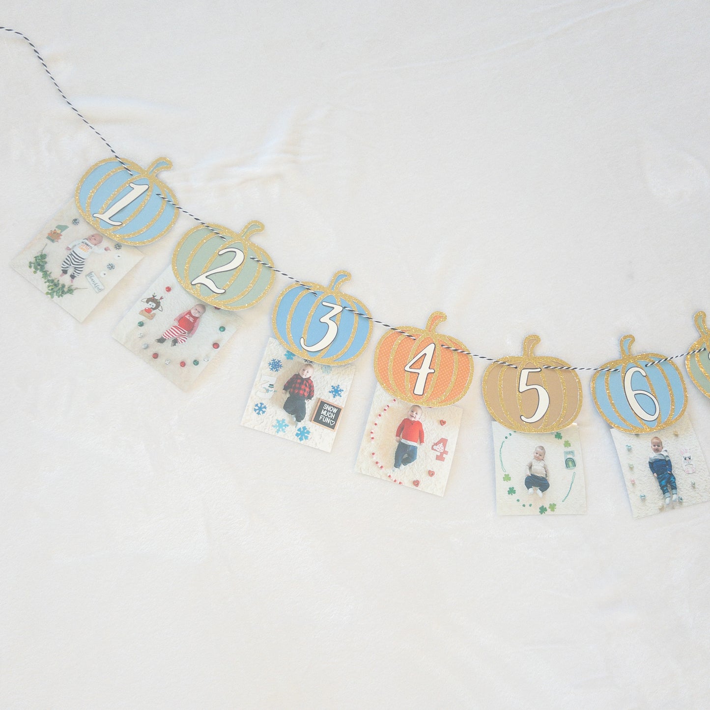  Pumpkin-Themed First Birthday Milestone Photo Custom Banner with various monthly markers and pumpkin designs.