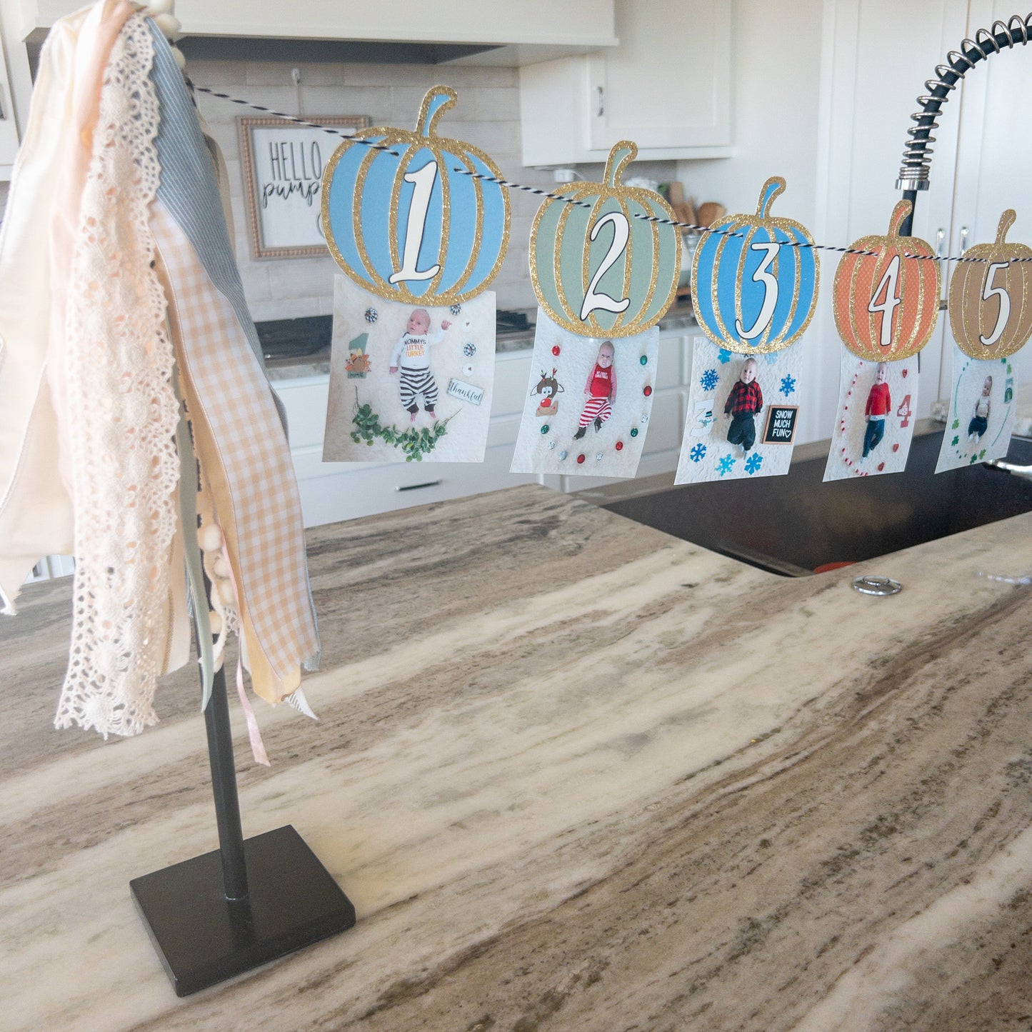  Pumpkin-Themed First Birthday Milestone Photo Custom Banner with various monthly markers and pumpkin designs.