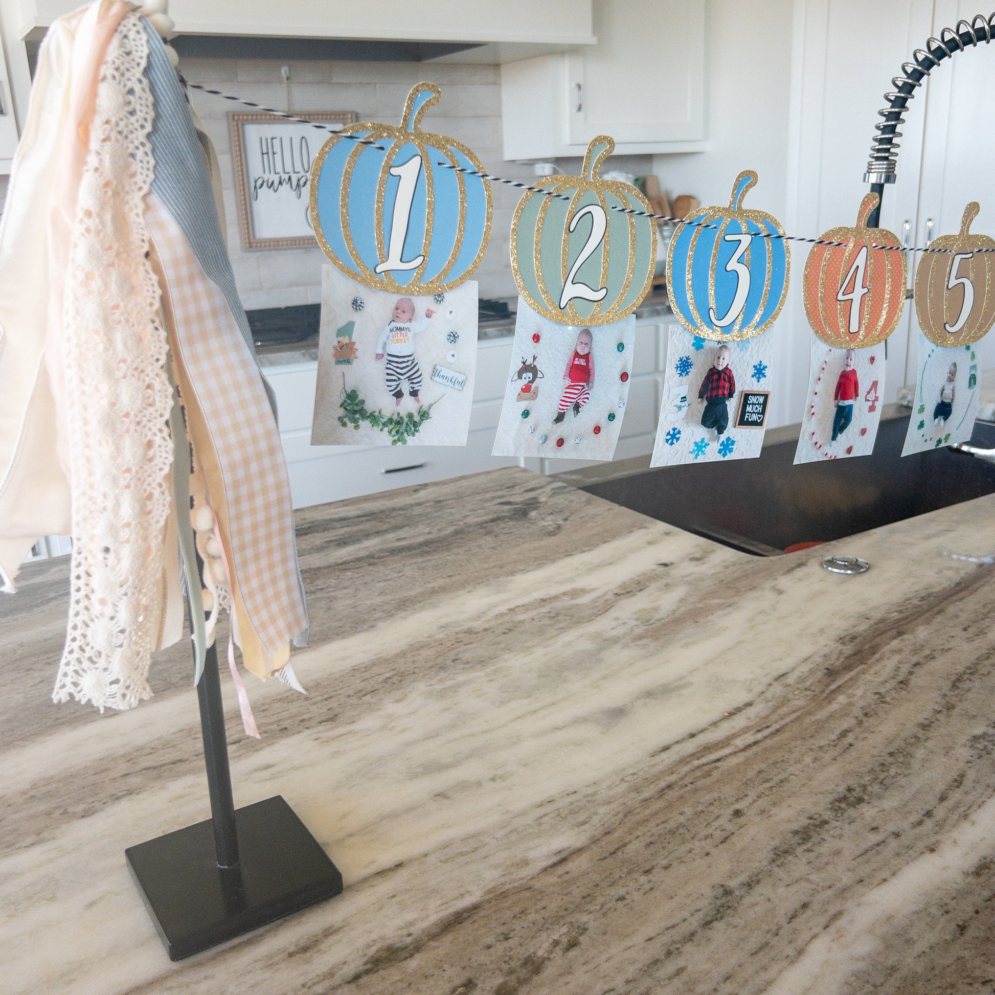  Pumpkin-Themed First Birthday Milestone Photo Custom Banner with various monthly markers and pumpkin designs.