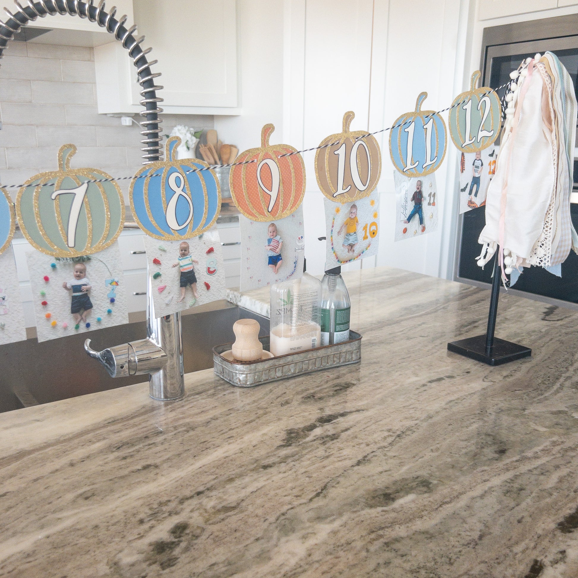  Pumpkin-Themed First Birthday Milestone Photo Custom Banner with various monthly markers and pumpkin designs.