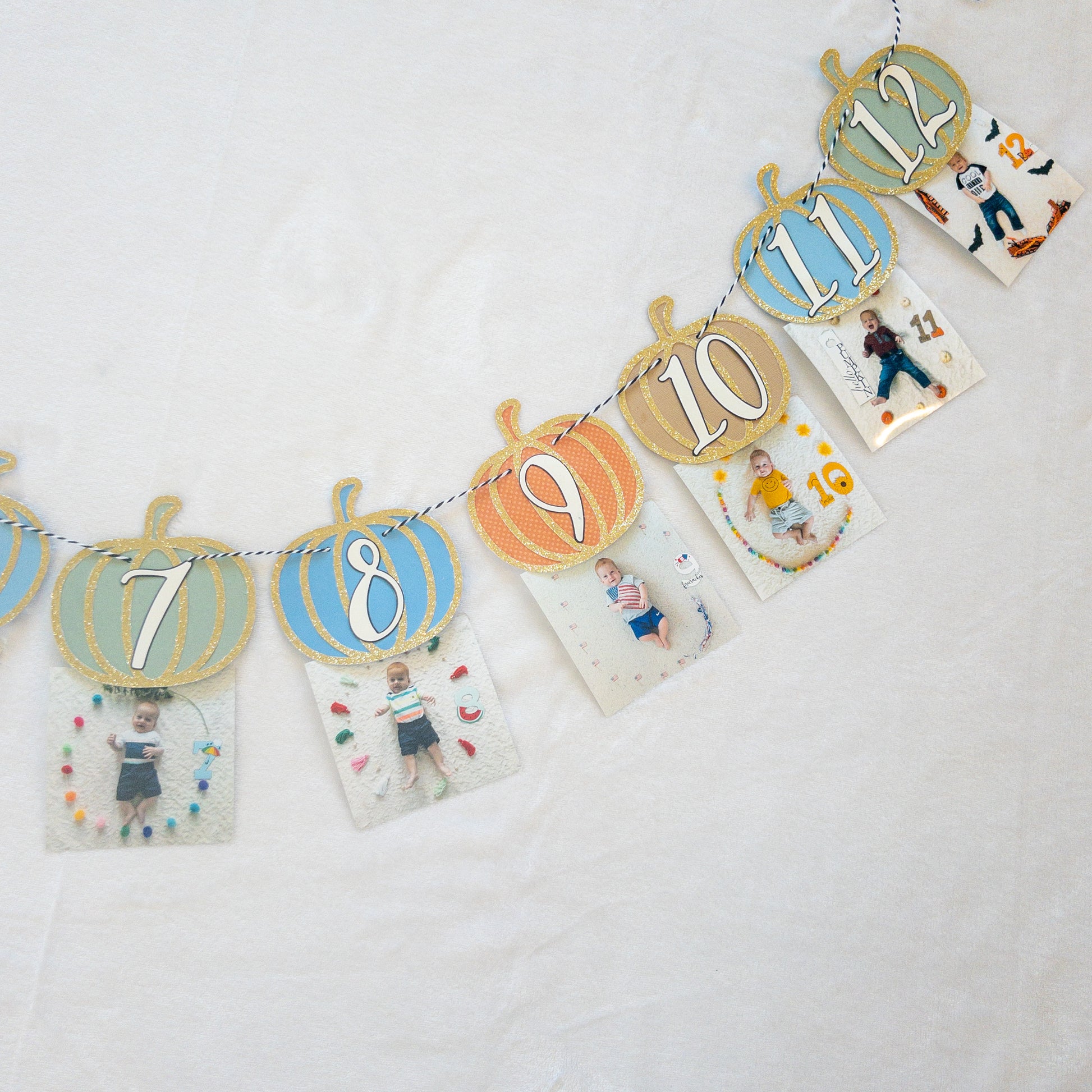  Pumpkin-Themed First Birthday Milestone Photo Custom Banner with various monthly markers and pumpkin designs.