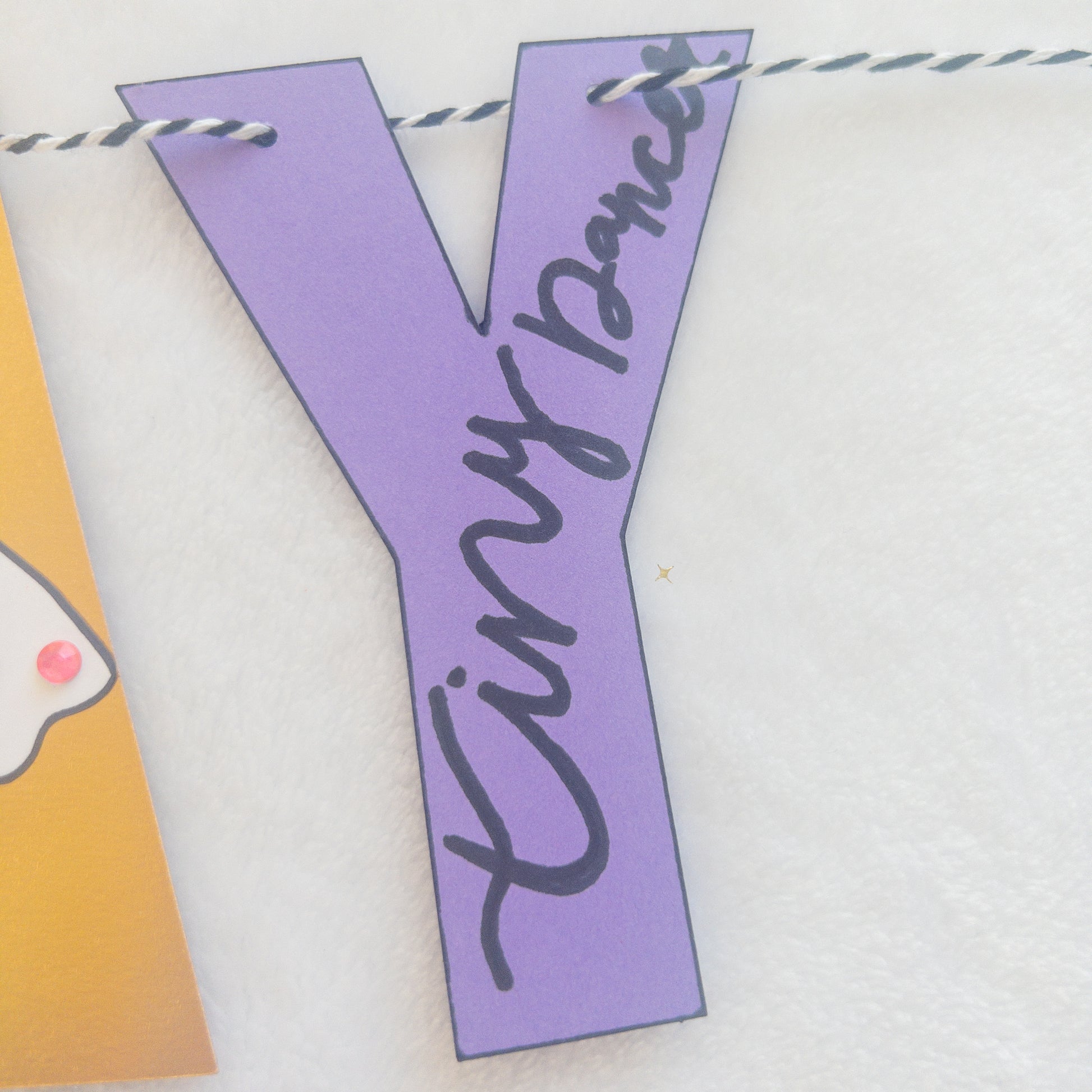 A Happy Birthday banner with the words 'HAPPY BIRTHDAY' in bold letters, decorated with small purple, pink, and yellow details, such as ballet shoes and a tutu, strung on a string.